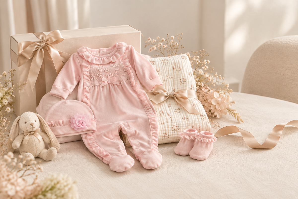 Beautifully curated luxury baby shower gift set with soft organic clothing, wrapped in elegant packaging on a neutral background